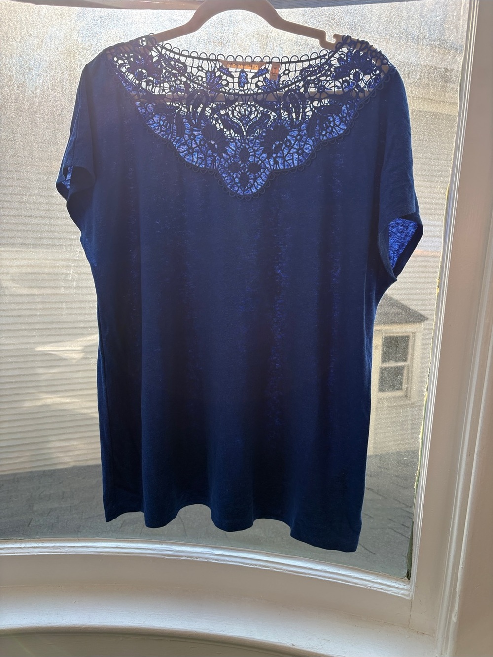 Soft Surroundings Navy Crochet Yoke Short Sleeve Tee
